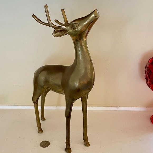 Large 12" Mid Century Standing Brass Deer Figure Xmas Reindeer Holiday Decor - Picture 3 of 8